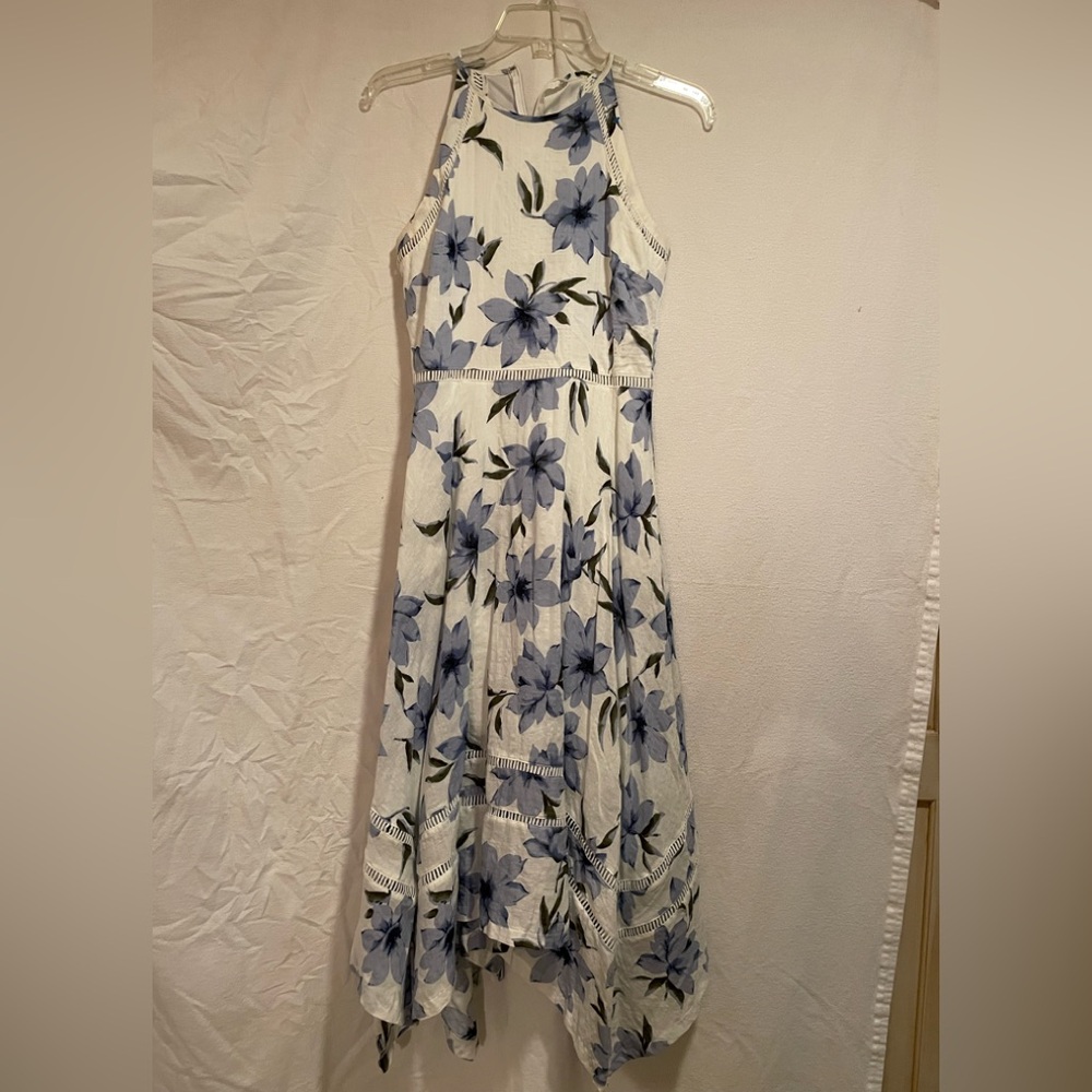 Lulu's White Dress with Blue Floral Print and Handkerchief Hem